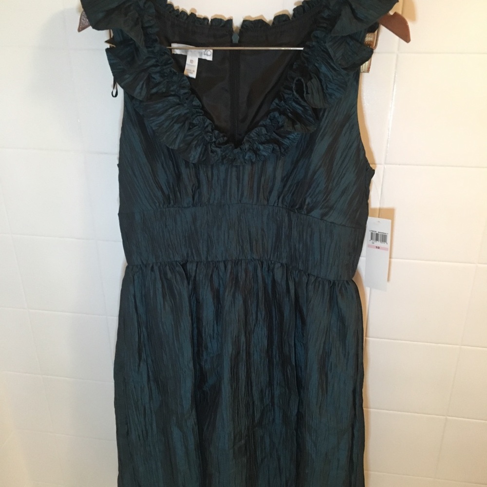 London Times ruffle collar blue green midi dress